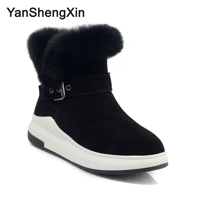 YANSHENGXIN/обувь; женские ботинки; зимние ботинки на платформе из коровьей кожи; теплая шерстяная женская обувь; зимние ботинки; модные женские ботинки с пряжкой - Цвет: Черный