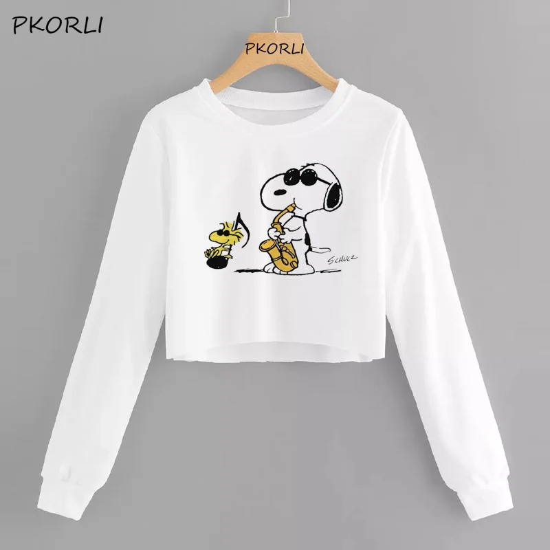 Snoopy/укороченная Толстовка для женщин с длинным рукавом, толстовка с капюшоном, повседневные пуловеры, футболки с надписью, толстовки - Цвет: 10