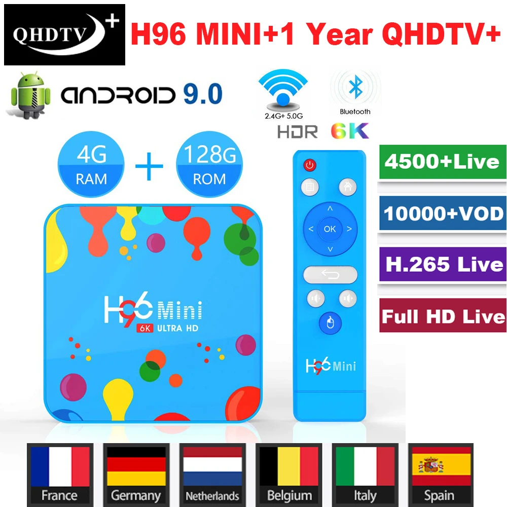 Android 9,0 Smart tv Box H96 MiNi + 1 год QHD tv + код IPTV 6K HD tv BOX Dual WiFi телеприставка Google Play домашний медиа плеер коробки