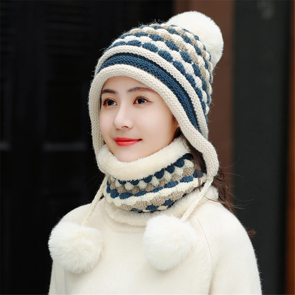 

3 Hair Ball Hats Winter Women Velvet Wool Beanies Skullies Hat Bib Sets Female Knit Warm Windproof Riding Bonnet Caps