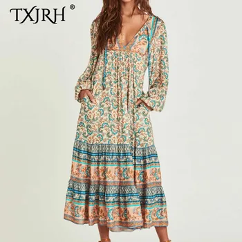 

TXJRH Vintage Bohemia Ethnic Floral Print O-Neck Long Sleeve Loose A-Line Long Swing Dress Fashion Women Beach Vestidos 2 Colors