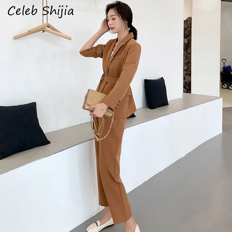 Shijia/женские брюки, костюмы, зубчатый блейзер с воротником+ штаны с высокой талией, однотонные офисные женские комплекты из 2 предметов, Осень-зима