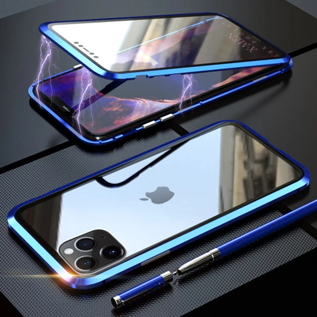 blue 360 металлический магнитный чехол для телефона для iPhone 11 Pro Max чехол для iPhone XR X XS Max 6 6S 7 8 Plus двусторонний чехол из закаленного стекла - Цвет: blue