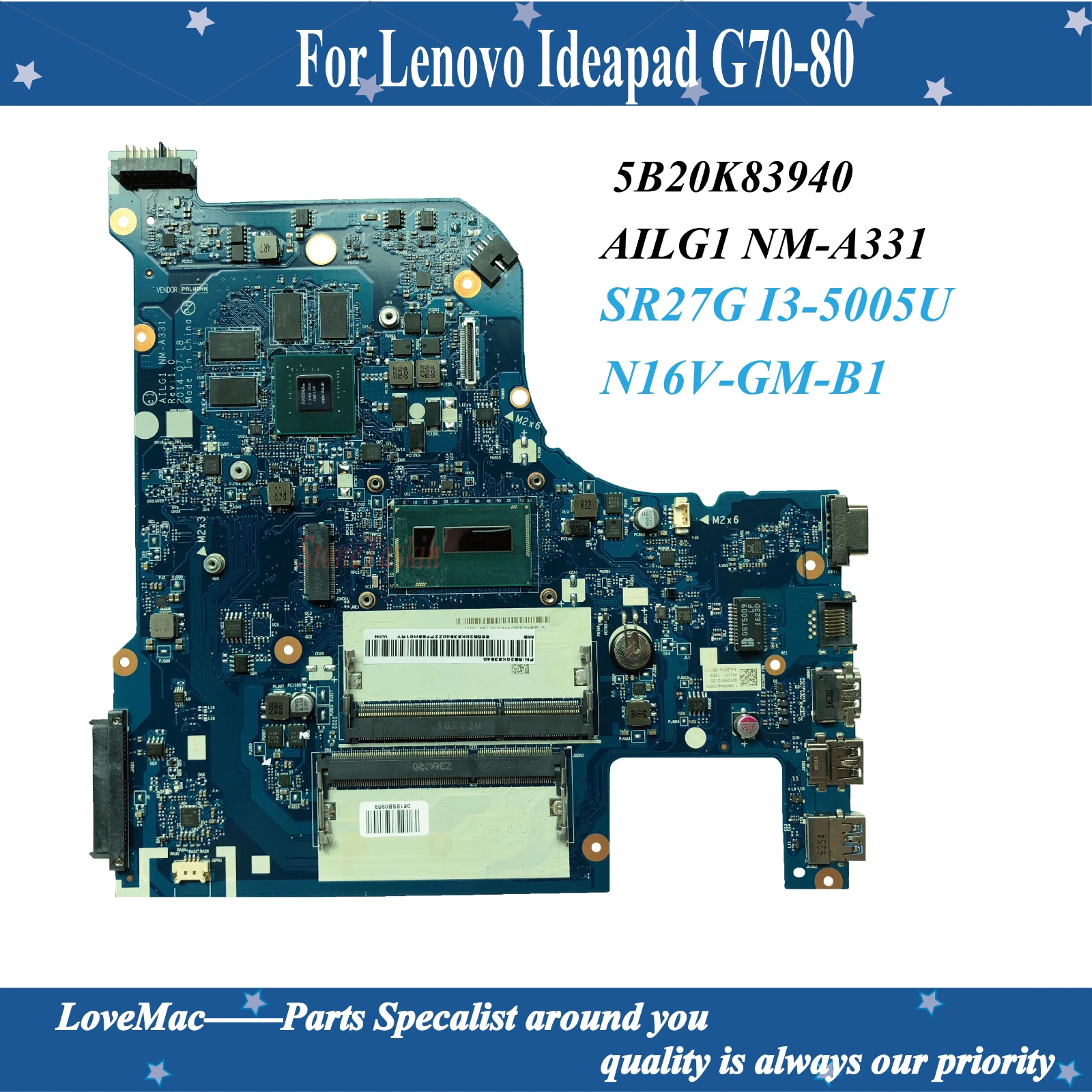 High quality FRU 5B20K83940 for Lenovo Ideapad G70-80 Laptop Motherboard AILG1 NM-A331 SR27G I3-5005U N16V-GM-B1 100% tested | Компьютеры
