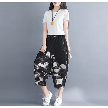 

Free Shipping Plus size women's pants cotton and linen cotton and linen loose elastic waist printing harem pants women