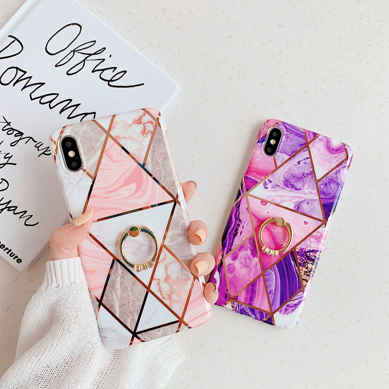 

Electroplated Geometric Marble Texture Phone Cases for iPhone XS Max XR X 8 7 6 6S Plus Case Soft IMD Cover with Diamond Ring