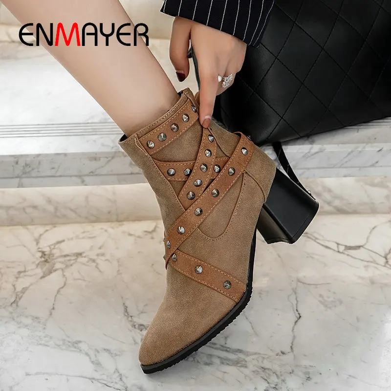 

ENMAYER 2019 Winter Boots Women Basic Pointed Toe Zip PU Ankle Boots for Women Square Heel Short Plush Shoes Woman Size 34-43