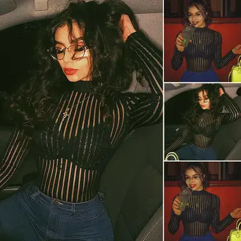 

Women Stripe See Through Bodysuit Mesh Bodycon Leotard Jumpsuits Tops