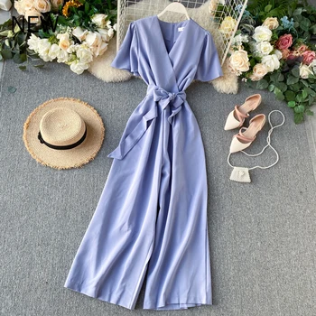 

Women's Summer Jumpsuit V-neck Tie Waist Slimming Jumpsuit Simple Solid Color High Waist Drape Wide Leg Trousers LL023