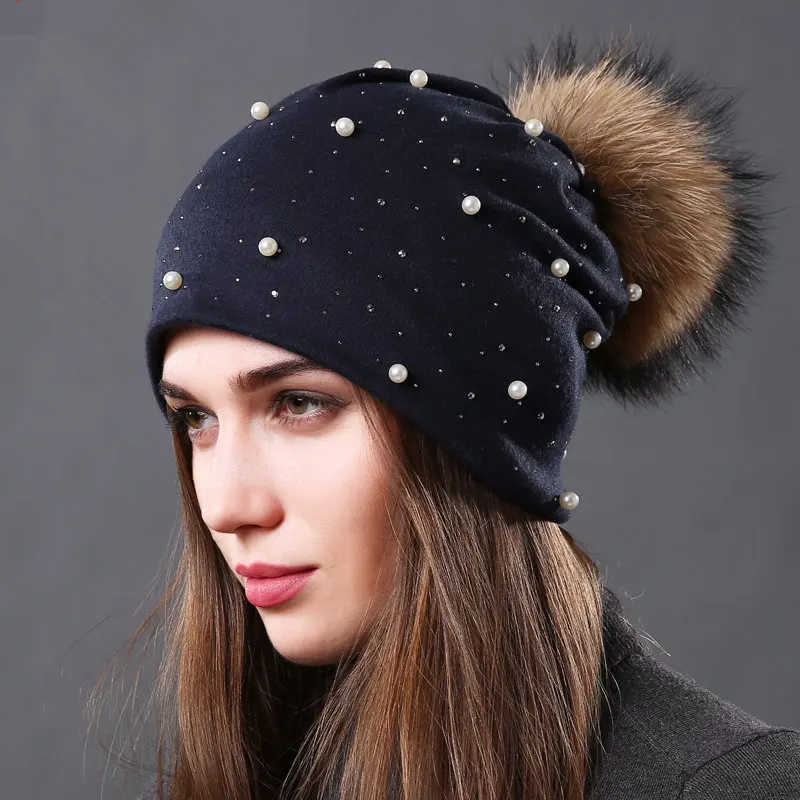 New Women's Pearls Beanies Winter Causal Solid Rhinestone Pearl Slouchy Beanies Hat with Raccoon Fur Pompom Femme Black Cap