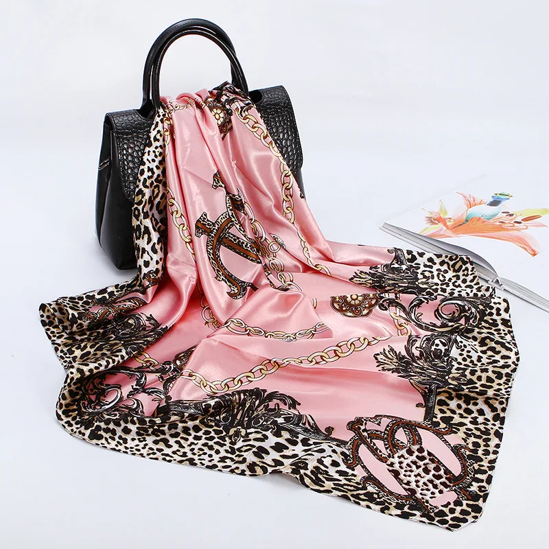 New Retro Ladies Silk Scarf Bandana Fashion Women Printed Hijab Shawls Leopard Chain Pattern Large Square Scarves Warp 90*90cm |