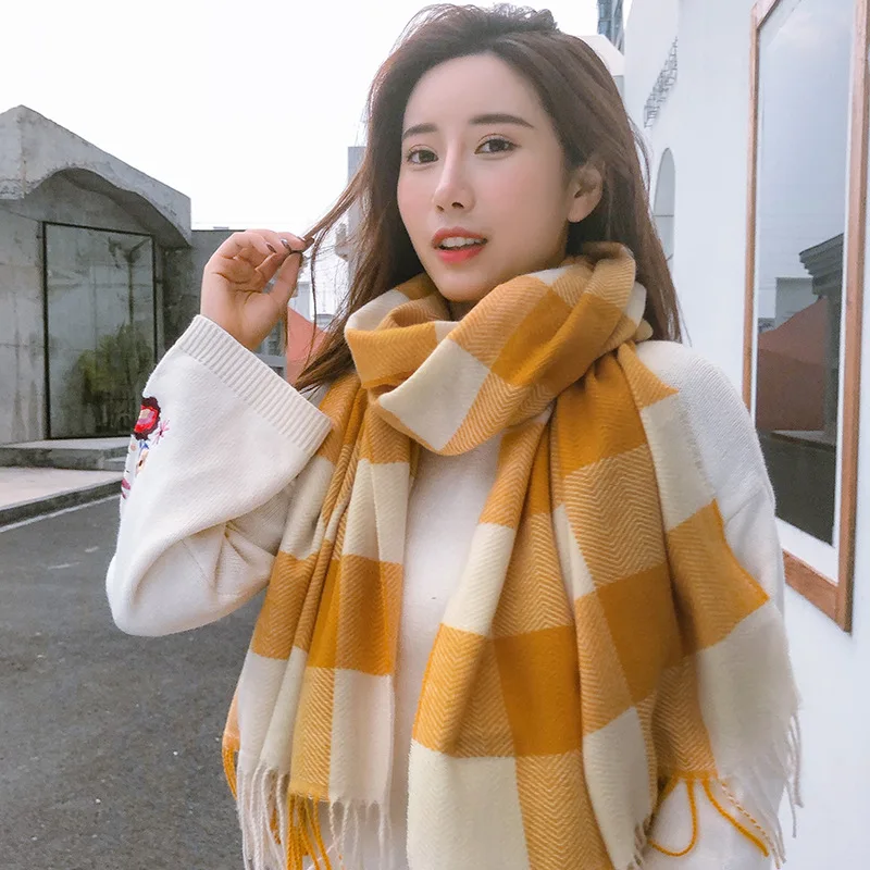 YIMEI012 Winter Girls Cashmere Plaid Scarves Women's Casual Thick Warm Shawl Poncho Tippet Women Plaid Pashmine Wraps