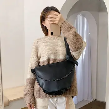 

Fashion Women Crossbody Bag Delicate Chic PU Leather Large Solid Color Chain Shoulder Chest Bags Shopping Handbag