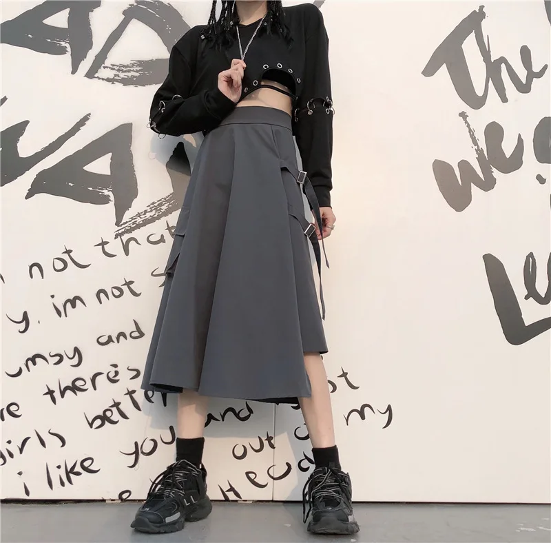 gray Kpop Blackpink lisa та же Корейская летняя свободная мини-юбка в стиле ретро женская уличная ассиметричный, с высокой талией оснастка юбка женская одежда - Цвет: gray