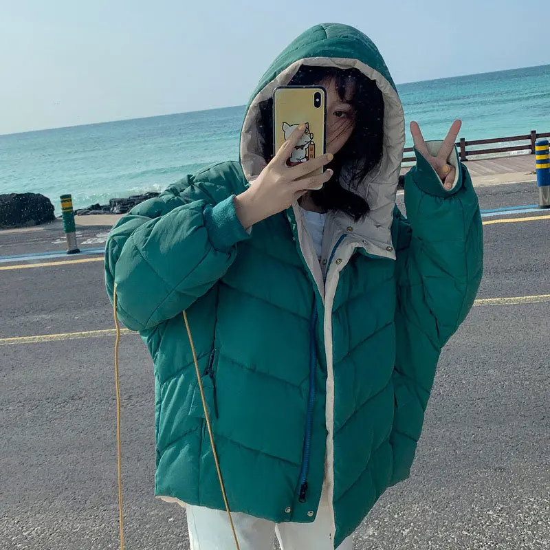 

Women Short Wide Loose Hooded Bakery Oversize Winter Down Coat Thick Warm Jacket Cotton Padded Wadded Parkas Big Pocket