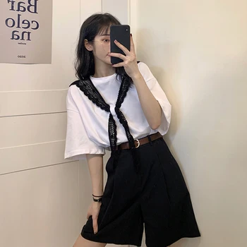 

P089 Summer Korean 2020 new chic net red lace hook flower T-shirt