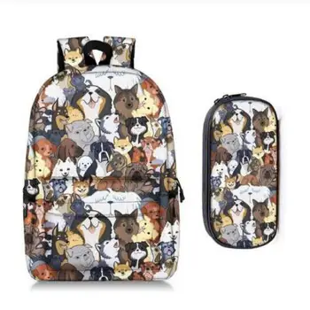 

cute kitten cats / puppy dogs print backpack + pencil bag for teenager boy girl children school bags kids bookbag women backpack