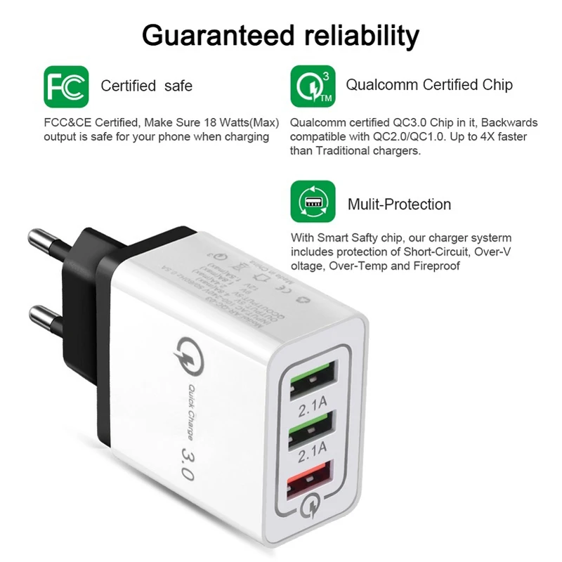 

18W 3 Ports USB Charger Quick Charge QC 3.0 For iphone X 7 8 XR XS MAX iPad Samsung S8 Huawei Xiaomi Fast Charger QC3.0 EU Plug