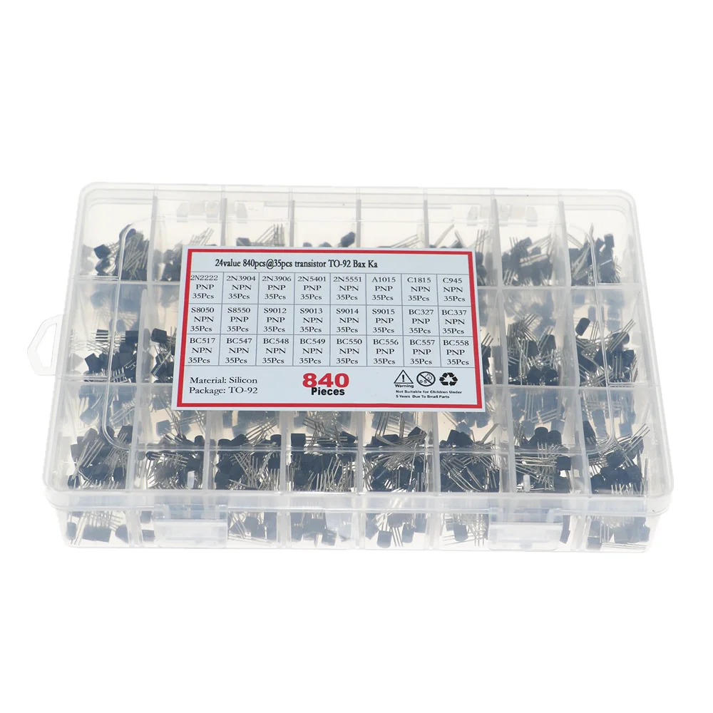 840pcs/Box 24Values TO-92 Transistor Assortment Kit BC327 BC337 BC547 2N2222 3904 3906 C945 S8050 S9014 PNP/NPN transistors pack