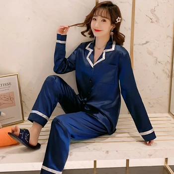 

Blue pyjama satin for Women's pajamas Set Button Pigiama Donna pjs spring Mujer Pijama Sleepwear lady Nightwear Loungewear 2Pcs