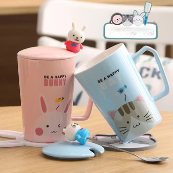 

Ceramics Cute Cup Ceramic Coffee Cups Milk Cappuccino Cup Creative With Cover Kids Spoon Environmentally Friendly LZI013