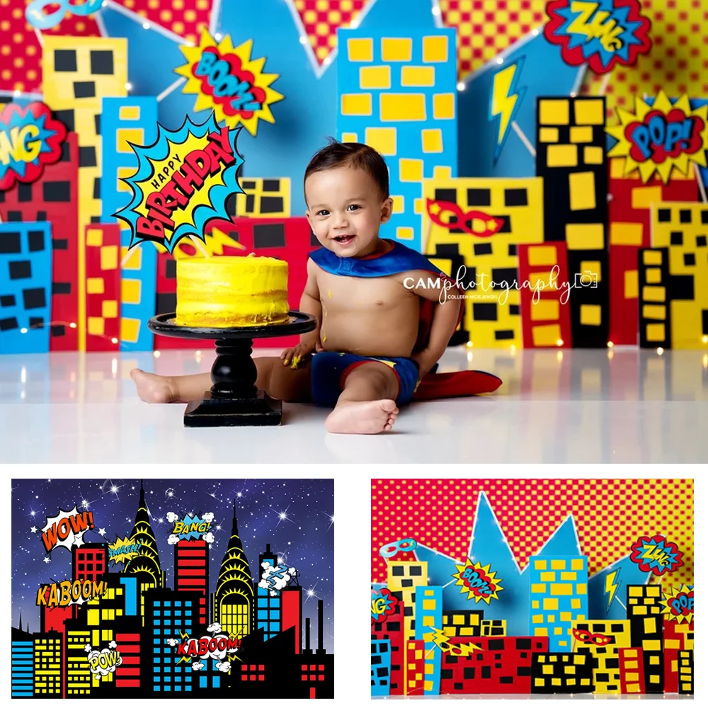 

Mocsicka Superhero Backgrounds Birthday Party Baby Comics Personalized Poster Portrait Photography Backdrops For Photo Studio