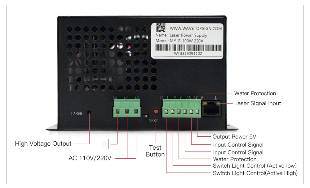 WaveTopSign MYJG-100W 80-100W CO2 Laser Power Supply Category for CO2 Laser Engraving and Cutting Machine