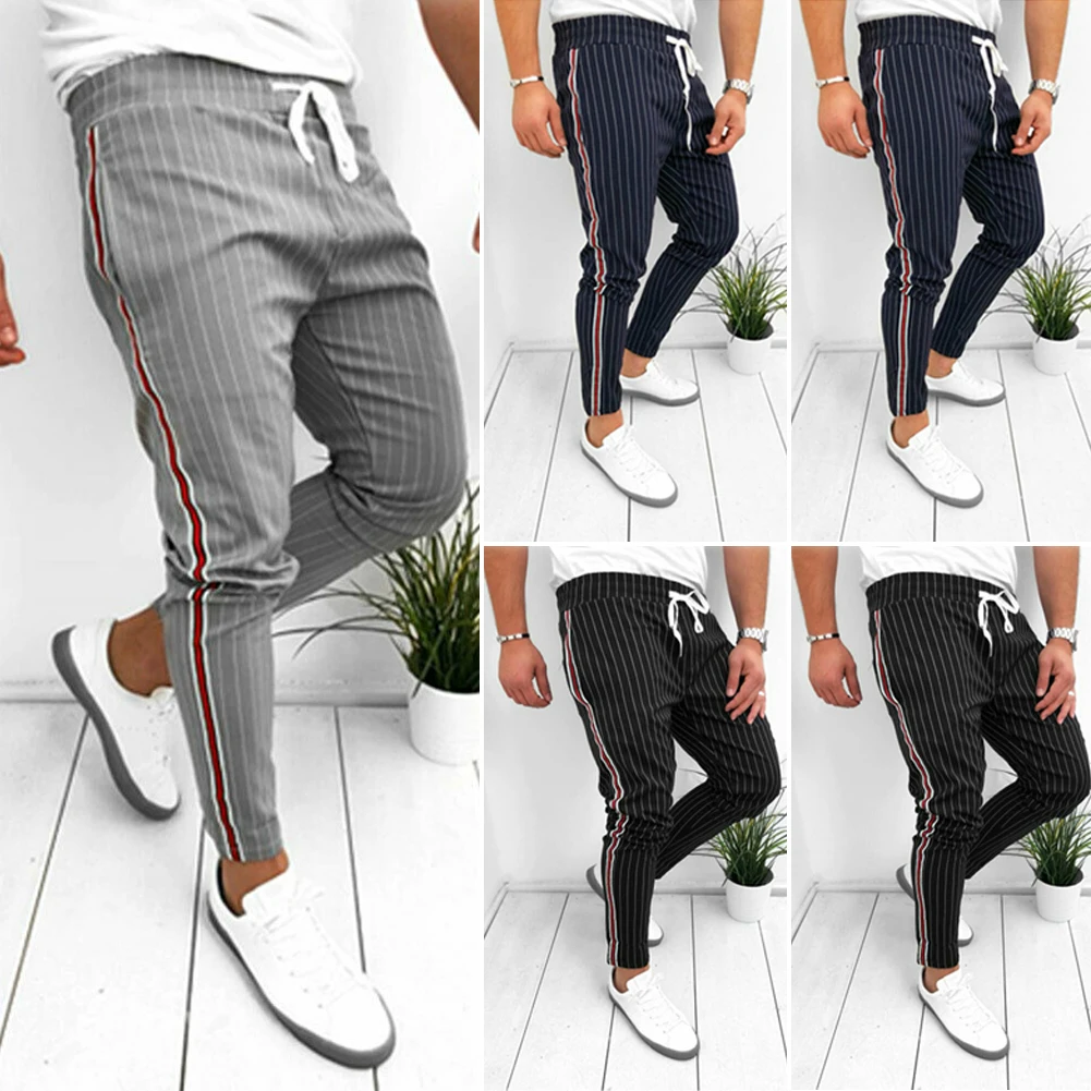 Популярные мужские длинные брюки с боковой полосой, повседневные брюки на шнурке, спортивные штаны для фитнеса, модные мужские повседневные брюки