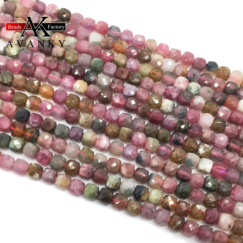 Natural Stone 4mm Colorful Tourmaline Handmade Faceted Cube Loose Beads For DIY Jewelry Making Bracelet Necklace