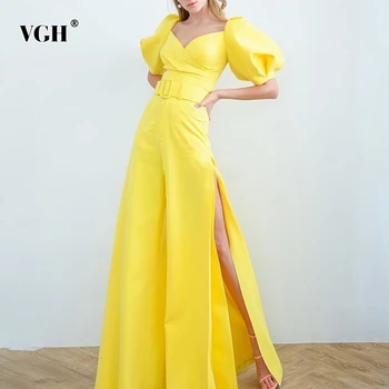 

VGH Elegant Jumpsuits For Women Square Collar Lantern Half Sleeve High Waist Side Split Flare Pants Female Fashion 2020 Clothing