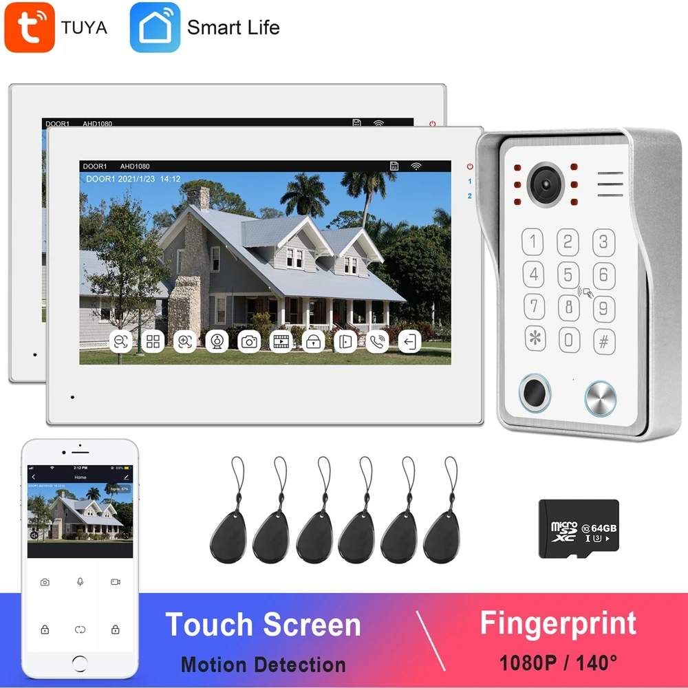 Intercomunicador con WiFi para el hogar intercomunicador IP con pantalla táctil, 2 monitores, 1080P, cámara con huella dactilar, contraseña, desbloqueo de tarjeta IC