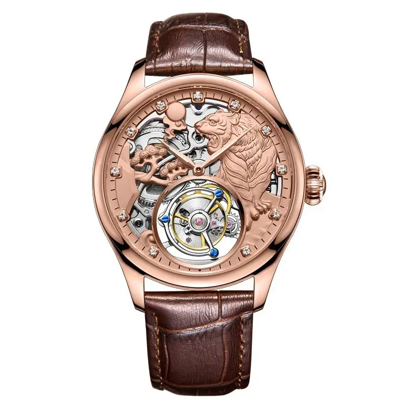 

GUANQIN Switzerland Real Tourbillon Zodiac tiger New watch men's skeleton mechanical watch hollow leather belt rose gold