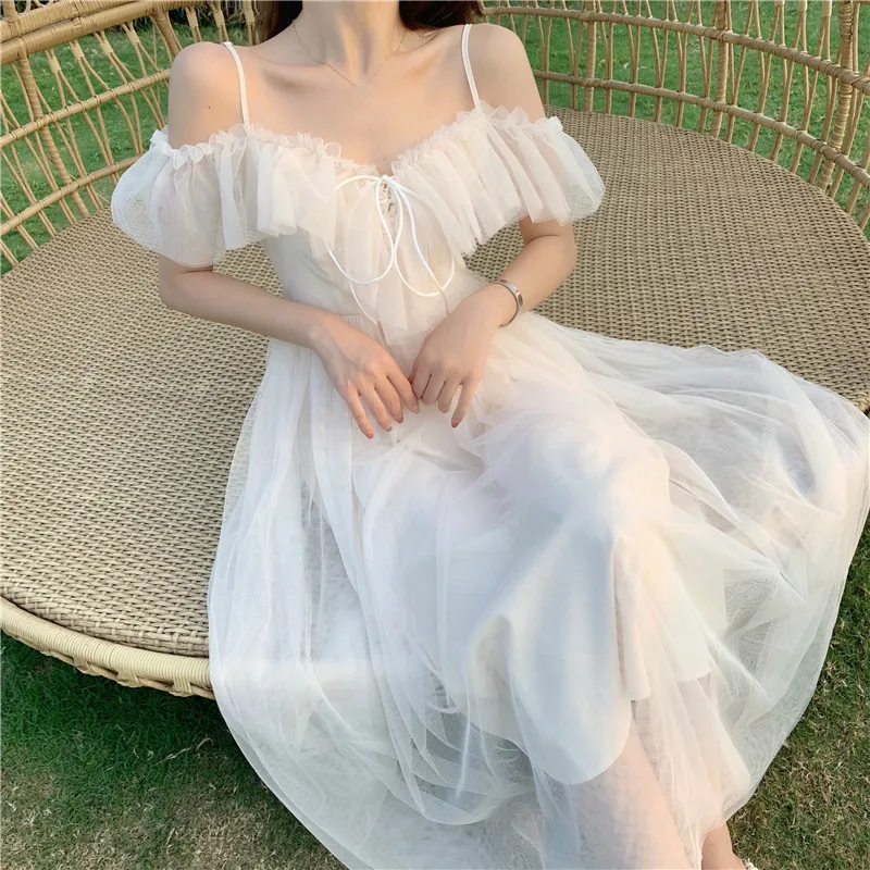 Summer Sexy Sweet Lolita Dress Women Low Chest Off Shoulder Bandage Fairy Mesh Female Beach Boho Spaghetti Strap Dresses | Женская