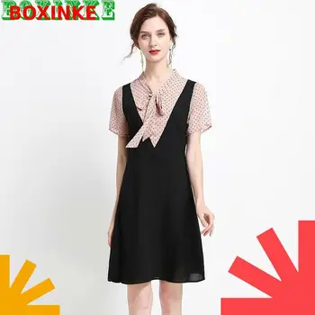 

2020 Summer New Fashion Large Short Sleeve Womens Wear Fat Mei Mei Han Bo Dian Chiffon Contrast Waistband Show Thin A Line Dress