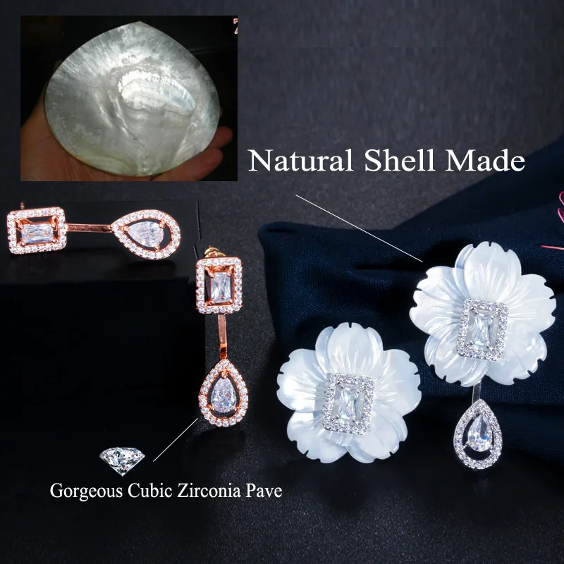 CWWZircons Natural Designer Shell Flower Cubic Zirconia Stone Big Long 585 Rose Gold Drop Earring for Women Trendy Jewelry CZ624