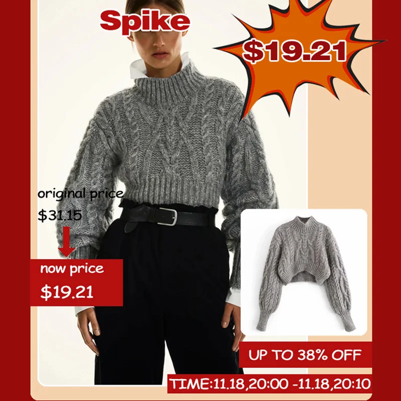 

2020 gray women's fall/winter long-sleeved cropped sweater, elegant lantern-sleeved eight-strand short knitted sweater