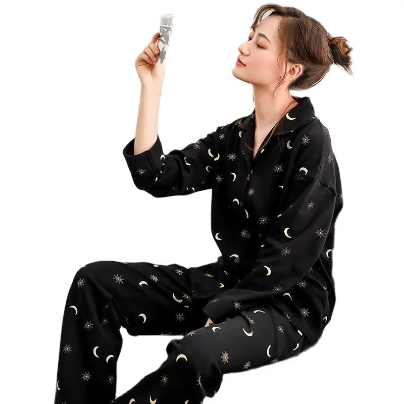 

Autumn Winter 100%Cotton Women Pajamas Set Long Sleeve Turn-down Collar Cardigan Nighty Loose Soft M-3XL Female Pijama