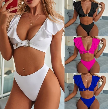 

2020 New Bikini Set Swimsuits Sexy Women Swimwear Push Up Special metal buckle ruffled V-neck bikini high waist split swimsuits