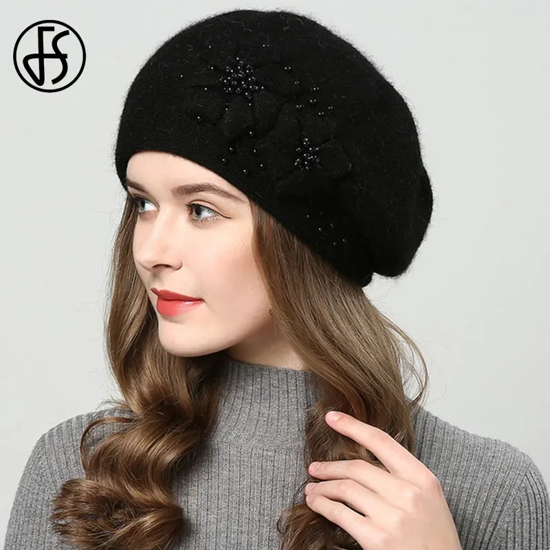 FS Winter Hats For Women Beanie Rabbit Fur 2023 Warm Knitted Hat Flower Double Layers Warm Beret Snow Caps Gorros Femme 3