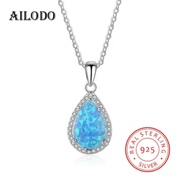 

Ailodo Genuine 925 Sterling Silver Necklace For Women Blue Opal Water Drop Shape Pendant Necklace Fine Jewelry Gift 20MAR61