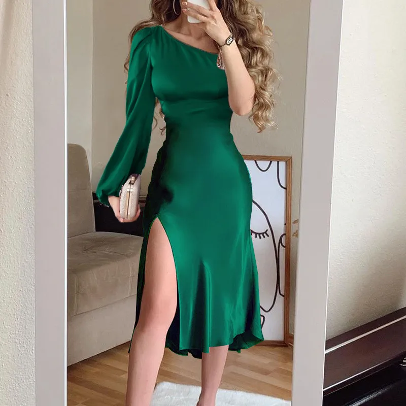 

SKMY Green Dresses For Women Vacation Outfits 2024 New Inclined Shoulder Asymmetric Long Sleeve Split Dress Sexy Party Clubwear