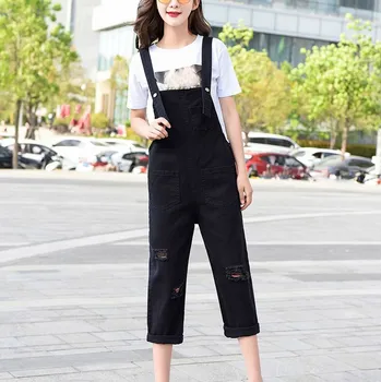 

2019 Autumn Ladies Loose Jean Overalls Pockets Women Casual Denim Jumpsuit Solid Hole Jumpsuit