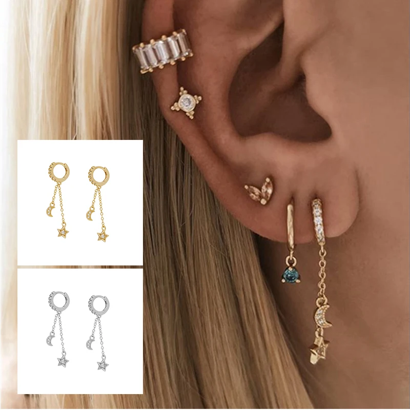 

GS 925 Sterling Silver Drop Earrings Shiny Luxury Sparkling Star Pentagram Diamond Zircon Pendant Earring For Women Fine Jewelry
