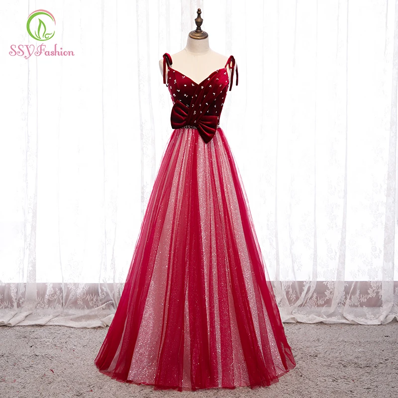SSYFashion Wine Red Evening Dress Simple Velvet with Tulle V-neck Sleeveless Floor-length Formal Party Gowns Vestido De Noche | Свадьбы и