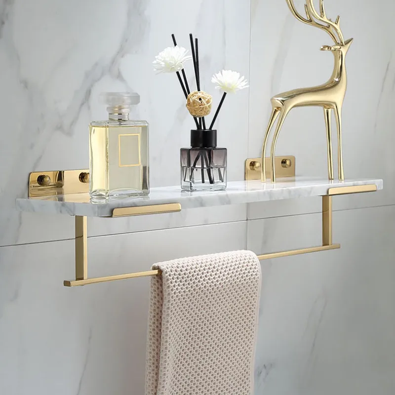

Bathroom Shelf with Towel Bar Bath Shower Shelf White Marble Gold Bath Shampoo Holder Brass Bathroom Storage Luxury Top Chrome