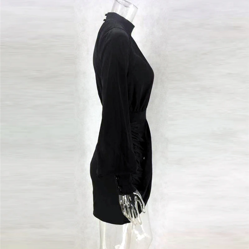 Садовое блестящее черное атласное платье для женщин Водолазка с длинным рукавом-фонариком элегантное вечернее платье винтажное драпированное платье с рюшами