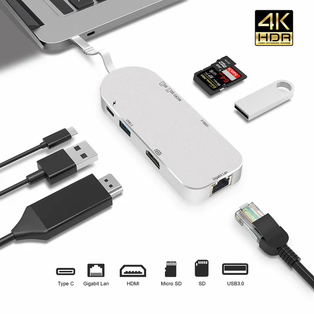 7 in 1 Silver Usb type C 3,1 концентратор для HDMI 4K VGA RJ45 Ethernet USB 3,0 SD кард-ридер 3,5 мм аудио PD зарядка USB-C адаптер для huawei mate 20 - Цвет: 7 in 1 Silver