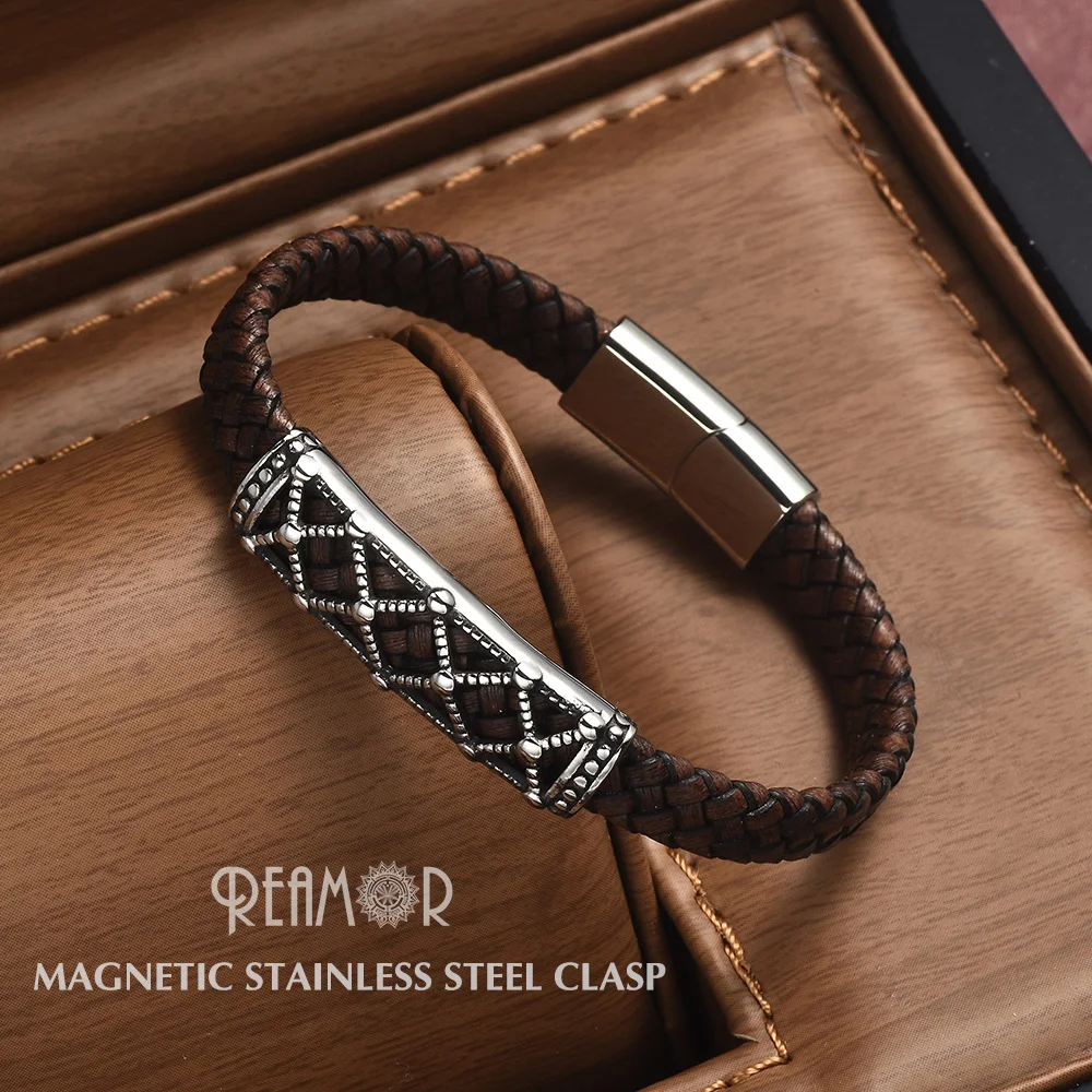 REAMOR Fashion Bracelets 2019 Retro Genuine Leather Stainless Steel Hollow Bead Bracelet Women Men Cuff Bangles Wholesale