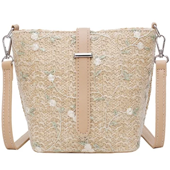 

ASDS-Ladies Beach Lace Embroidered Decorative Straw Bucket Bag Square Bag Beach Messenger Bag