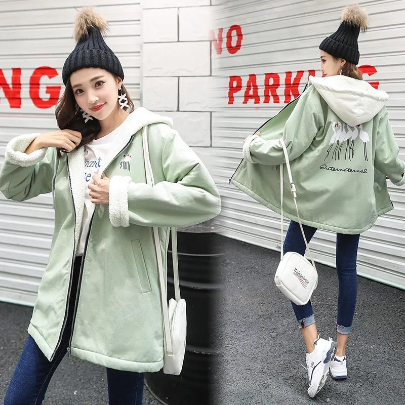 

2019 Autumn And Winter New Style Slimming Loose-Fit Printed Letter Cotton-padded Clothes Mid-length plus Velvet Casual Coat Wome